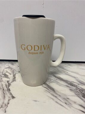 Godiva White Ceramic Travel Mug with Black Lid